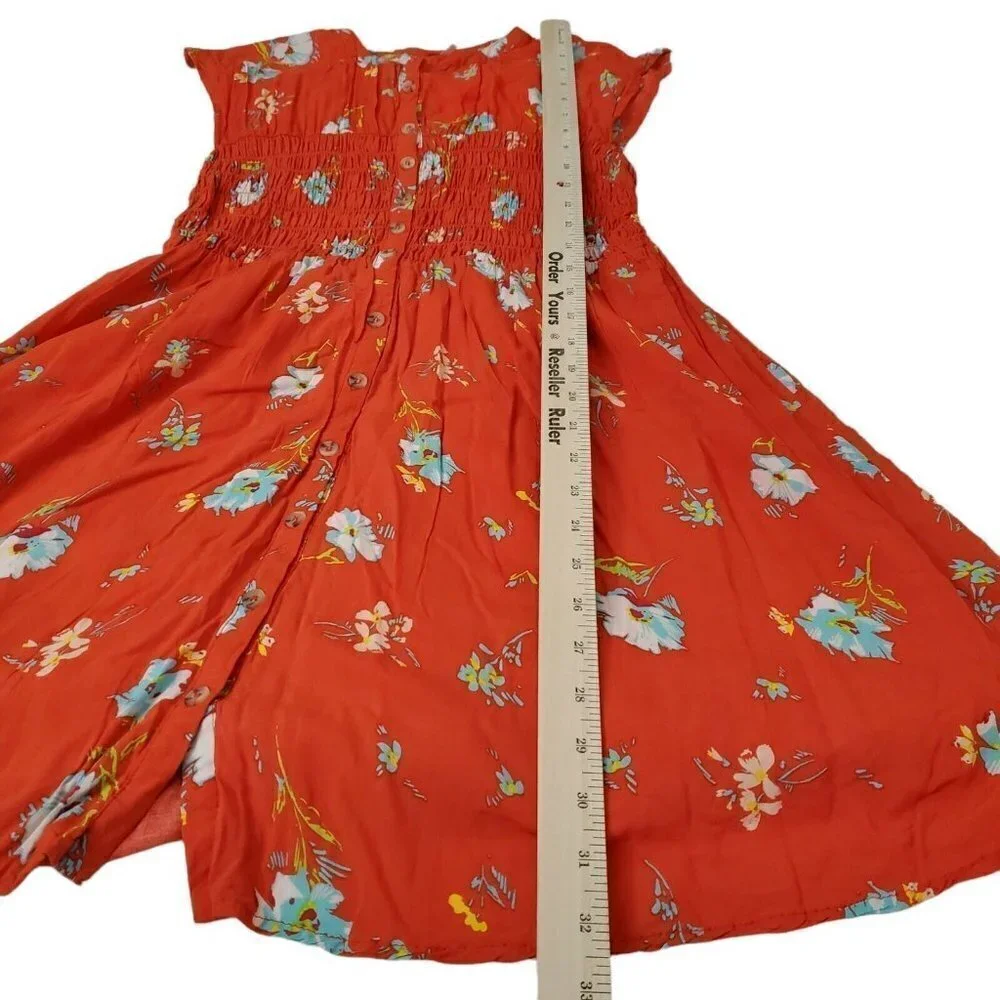 Free People‎ Mini Dress Small Red Orange Greatest Day Floral Smocked Waist Boho